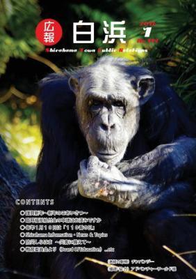 広報白浜1月号は、干支の申にちなんで、アドベンチャーワールドのチンパンジーが登場